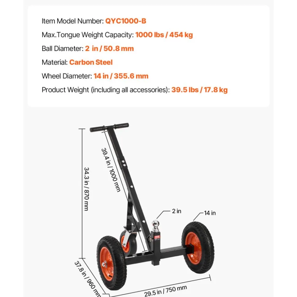 VEVOR Trailer Dolly, 1000lbs Tongue Weight Capacity, Carbon Steel Trailer Mover with 2 inch Ball, 14 inch Pneumatic Tires, Portable Tow Dolly for Moving RV Trailer