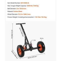 VEVOR Trailer Dolly, 1200lbs Tongue Weight Capacity, Carbon Steel Trailer Mover with 2 inch Ball, 15.2 inch Pneumatic Tires, Portable Tow Dolly for Moving RV Trailer
