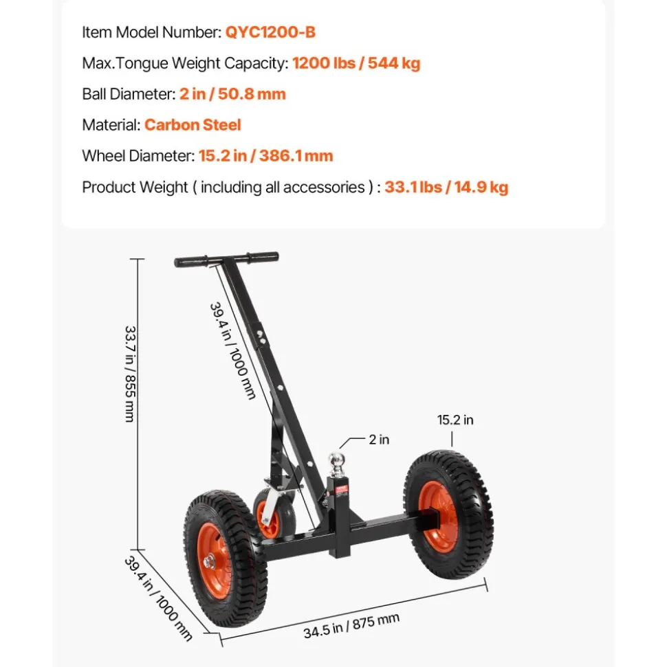 VEVOR Trailer Dolly, 1200lbs Tongue Weight Capacity, Carbon Steel Trailer Mover with 2 inch Ball, 15.2 inch Pneumatic Tires, Portable Tow Dolly for Moving RV Trailer