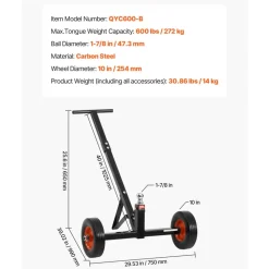 VEVOR Trailer Dolly, 600lbs Tongue Weight Capacity, Carbon Steel Trailer Mover with 1-7/8 in Hitch Ball and 10 in Solid Tires, Portable Tow Dolly for Moving Car RV Boat Trailer