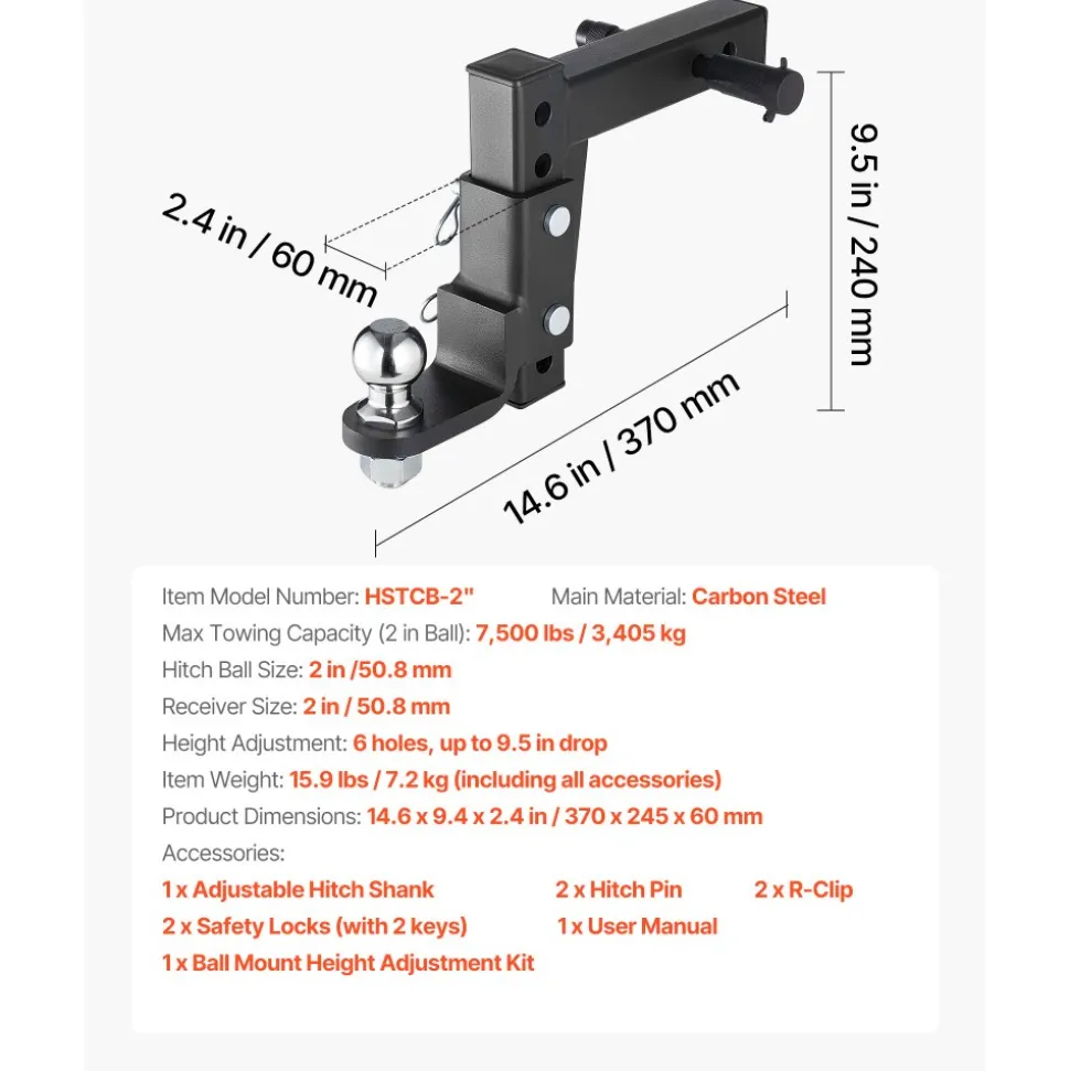 VEVOR Trailer Hitch Ball Mount, Fit 2-Inch Receiver, Adjustable Trailer Hitch with 2 Inch Ball & Pin, 7500 lbs GTW, 9.5 Inch Drop, Towing Ball Mounts for RVs, Off-Road Vehicles and Trucks, Black