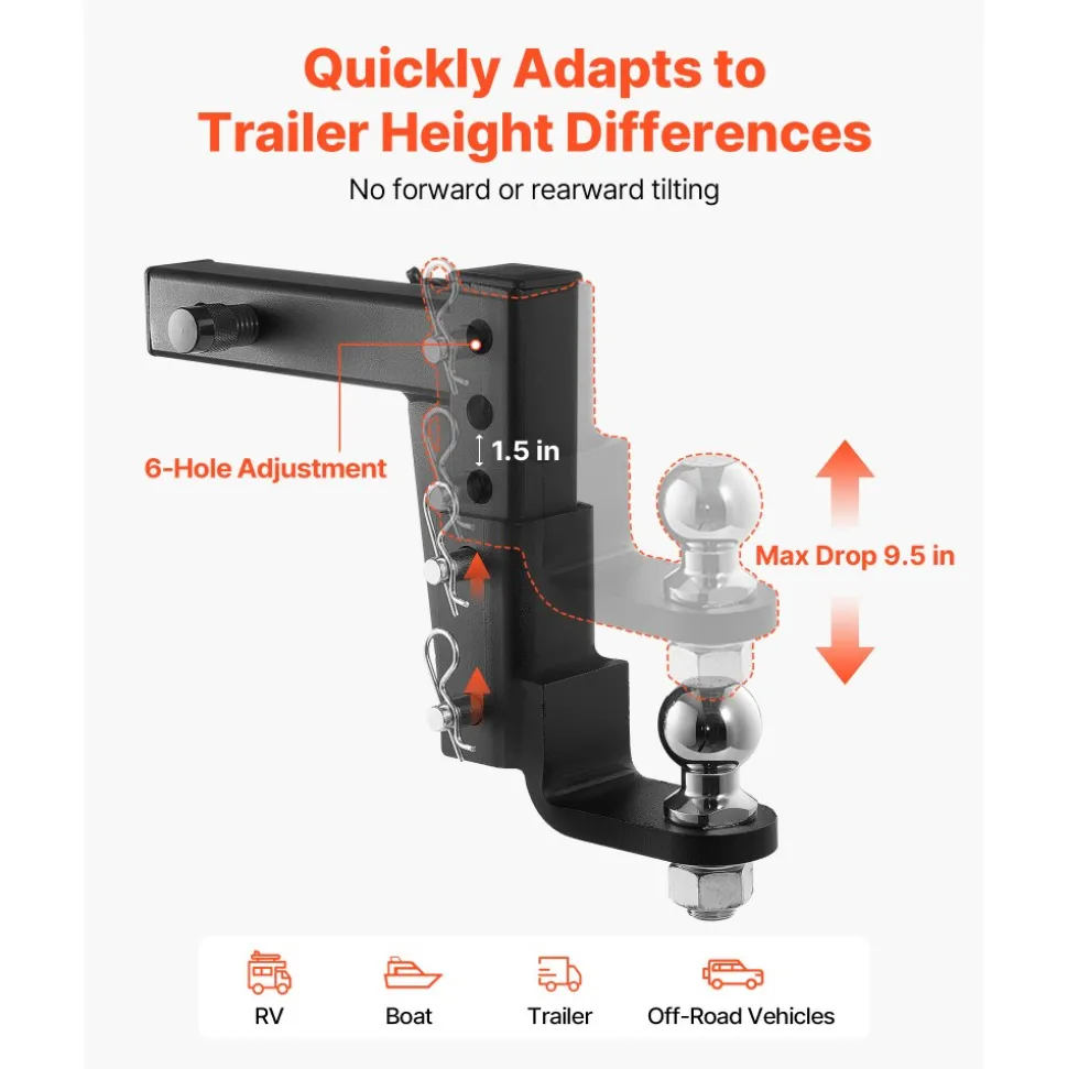 VEVOR Trailer Hitch Ball Mount, Fit 2-Inch Receiver, Adjustable Trailer Hitch with 2 Inch Ball & Pin, 7500 lbs GTW, 9.5 Inch Drop, Towing Ball Mounts for RVs, Off-Road Vehicles and Trucks, Black