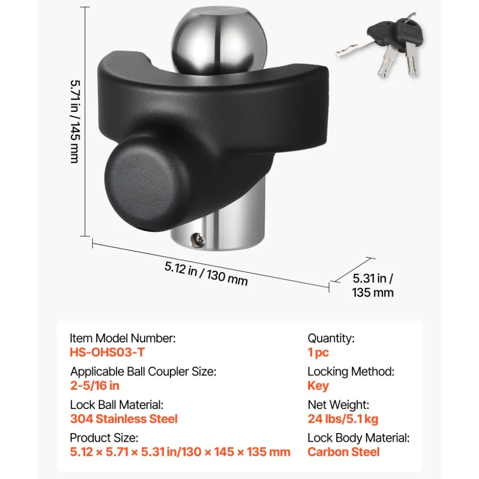 VEVOR Trailer Hitch Lock, Compatible with 2-5/16 in Couplers, Heavy-Duty Anti-Theft Trailer Ball Lock with 3 Keys, Prying-Resistant & Impact-Resistant, Fits for RVs, Boats, Off-Road Vehicles, Trailers