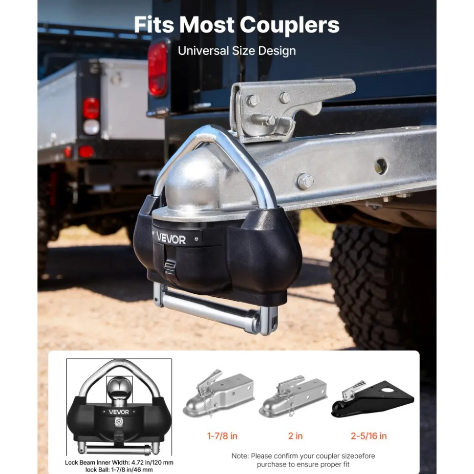 VEVOR Trailer Hitch Lock, Fits for 1-7/8 in, 2 in, 2-5/16 in Couplers, Heavy-Duty Anti-Theft Trailer Ball Lock with 3 Keys, Prying-Resistant, Adjustable Height Design for RVs, Boats, Trailers, Black