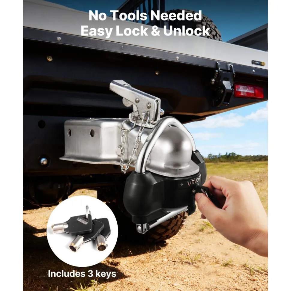 VEVOR Trailer Hitch Lock, Fits for 1-7/8 in, 2 in, 2-5/16 in Couplers, Heavy-Duty Anti-Theft Trailer Ball Lock with 3 Keys, Prying-Resistant, Adjustable Height Design for RVs, Boats, Trailers, Black