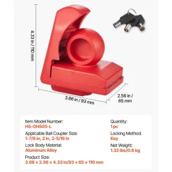 VEVOR Trailer Hitch Lock, Fits for 1-7/8 in, 2 in, 2-5/16 in Couplers, Heavy-Duty Anti-Theft Trailer Ball Lock with 3 Keys, Prying-Resistant & Impact-Resistant, Fits for RVs, Boats, Trailers, Red