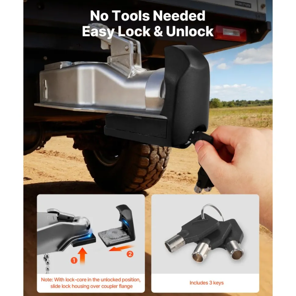 VEVOR Trailer Hitch Lock, Fits for 1-7/8 in, 2 in, 2-5/16 in Couplers, Heavy-Duty Anti-Theft Trailer Ball Lock with 3 Keys, Prying-Resistant & Impact-Resistant, Fits for RVs, Boats, Trailers, Black