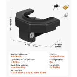 VEVOR Trailer Hitch Lock Kit, Compatible with 2-5/16 in Couplers, Heavy-Duty Anti-Theft Trailer Ball Lock with 3 Keys & Padlock, Prying-Resistant & Impact-Resistant, Fits for RVs, Boats, Trailers