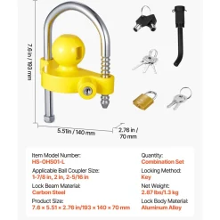VEVOR Trailer Hitch Lock Kit, Fits for 1-7/8 in, 2 in, 2-5/16 in Couplers, Heavy-Duty Anti-Theft Trailer Ball Lock with Keys, Prying-Resistant, Adjustable Height Design for RVs, Boats, Trailers