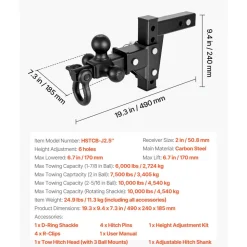 VEVOR Trailer Hitch Tri Ball Mount with D Shackle, Fit 2 Inch Receiver, 1-7/8 Inch, 2 Inch and 2-5/16 Inch Balls, 10000 lbs GTW, 6 Inch Drop, Towing Hitch for RVs, Off-Road Vehicles and Trucks