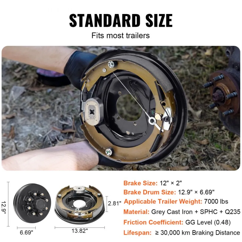 VEVOR Trailer Hub Drum Kits 8 on 6.5" B.C. with 12" x 2" Electric Brakes, Self-Adjusting Trailer Brake Assembly for 7000 lbs Axle, 5-Hole Mounting, Backing Plates for Brake System Part Replacement