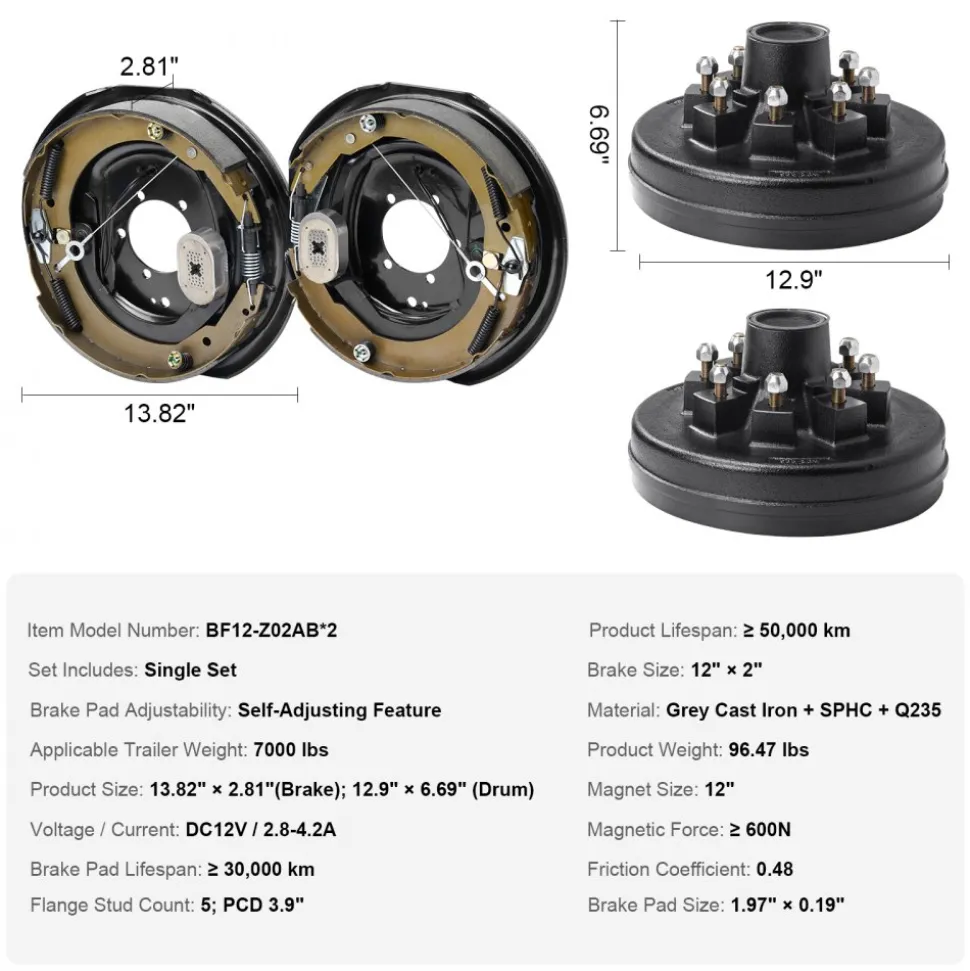 VEVOR Trailer Hub Drum Kits 8 on 6.5" B.C. with 12" x 2" Electric Brakes, Self-Adjusting Trailer Brake Assembly for 7000 lbs Axle, 5-Hole Mounting, Backing Plates for Brake System Part Replacement