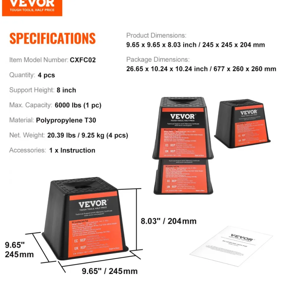 VEVOR Trailer Jack Block, 6000 lbs Capacity per RV Leveling Block, High-quality Polypropylene RV Camper Stabilizer Blocks, RV Travel Accessories Use for Any Tongue Jack, Post, Foot, 5th Wheels, 4-Pack