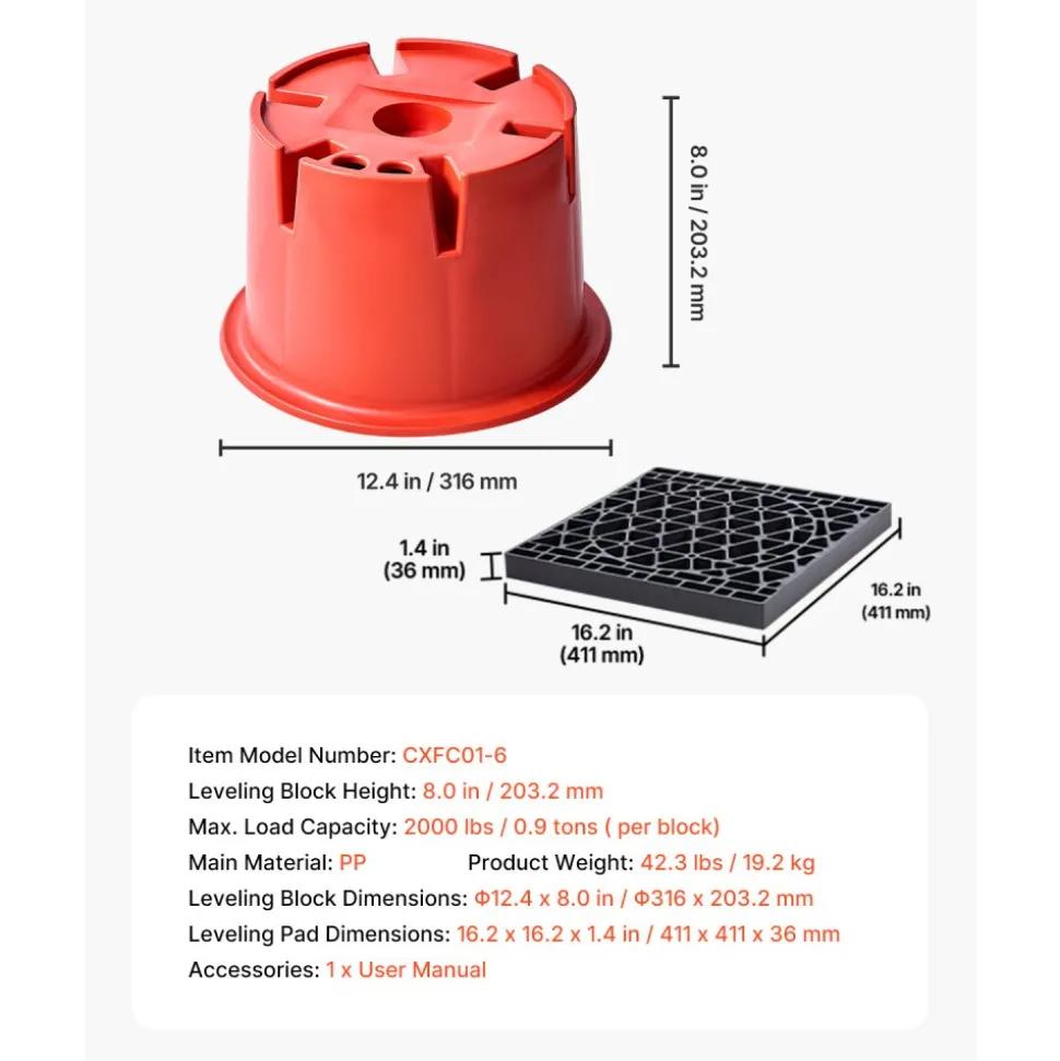 VEVOR Trailer Jack Blocks, 8" High, 2000 lbs Capacity, 8 Pcs Heavy Duty Camper Leveler Kit - 6 RV Leveling Blocks & 2 Pads, Camper Accessories for Travel Trailers, 5th Wheels Class A/C Motorhomes