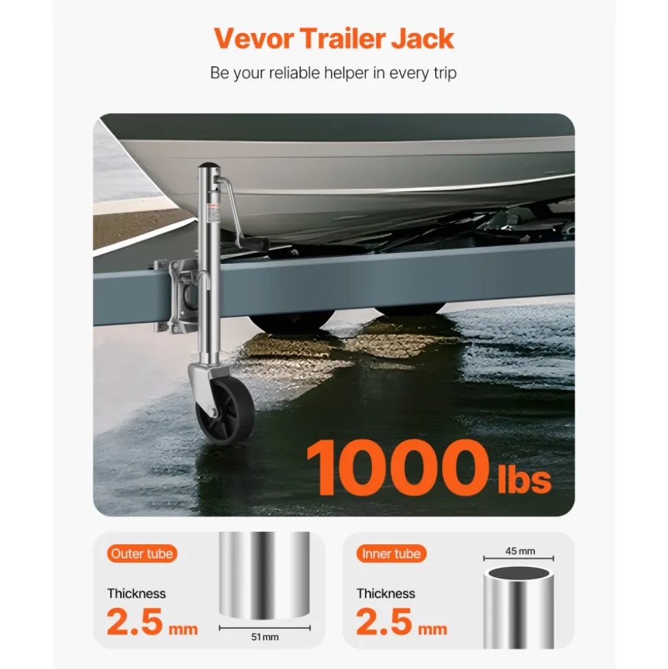 VEVOR Trailer Jack with Wheel, 1000 lbs Load Capacity, Heavy Duty Swivel Boat Trailer Jack with PP Single Wheel & Ergonomic Handle, 10-inch Lift, Fit for RVs, Boats, Horse Trailers, Utility Trailers