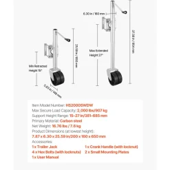 VEVOR Trailer Jack with Wheel, 2000 lbs Load Capacity, Heavy Duty Swivel Boat Trailer Jack with PP Dual Wheel & Ergonomic Handle, 15-27 Inch Lift Range, Fit for RVs, Boats and Utility Trailers
