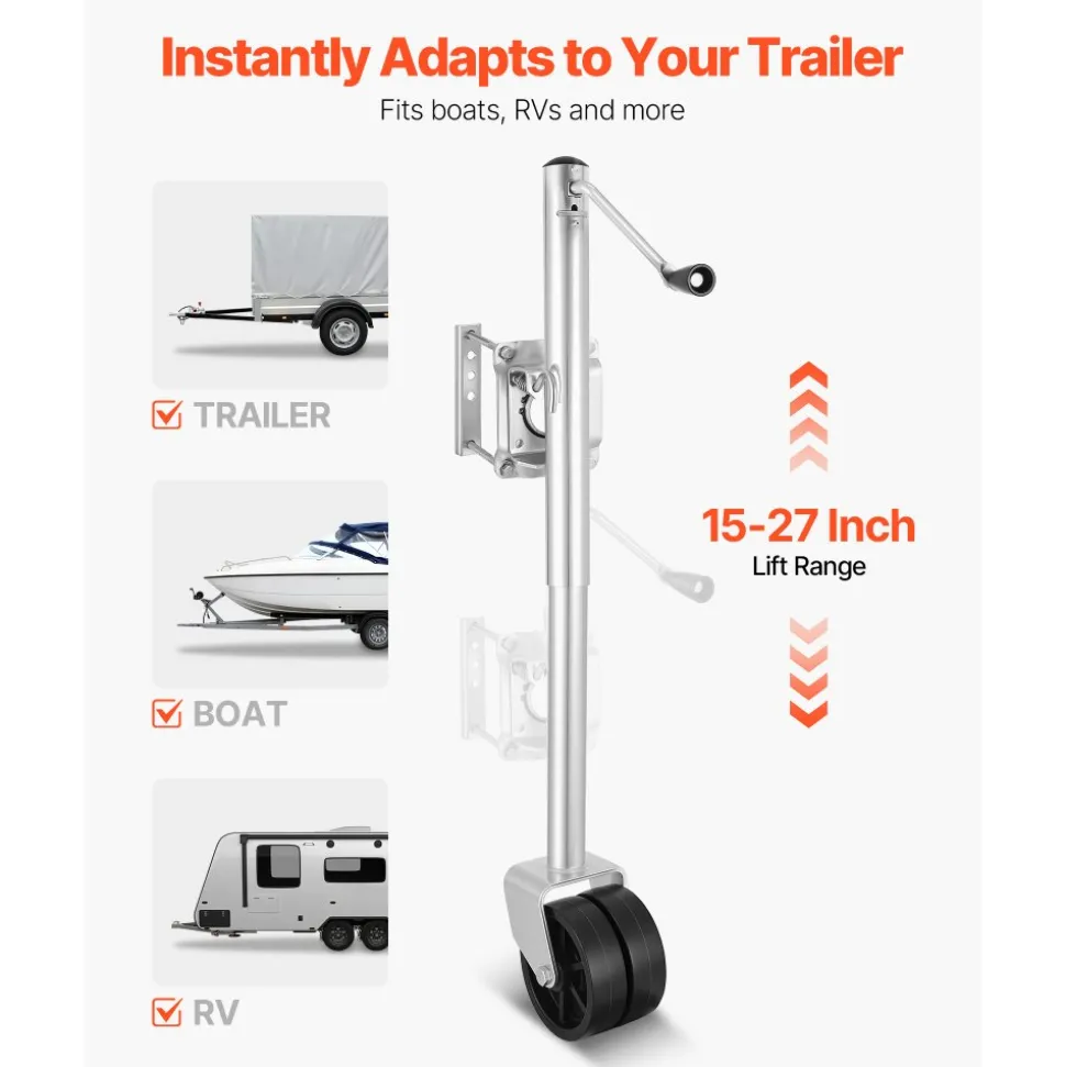VEVOR Trailer Jack with Wheel, 2000 lbs Load Capacity, Heavy Duty Swivel Boat Trailer Jack with PP Dual Wheel & Ergonomic Handle, 15-27 Inch Lift Range, Fit for RVs, Boats and Utility Trailers