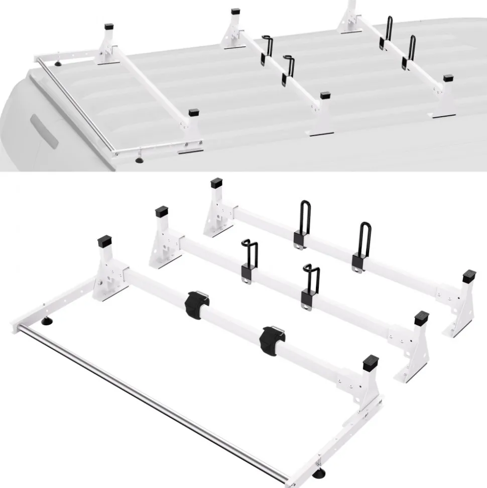 VEVOR Trailer Ladder Rack, 54" 3 Crossbars Ladder Roof Rack, Heavy-duty Steel Van Roof Rack, 800 lbs Capacity Van Ladder Rack with Cargo Roller and Straps, Fit for Ford Transit 150 250 350, 2015-2022