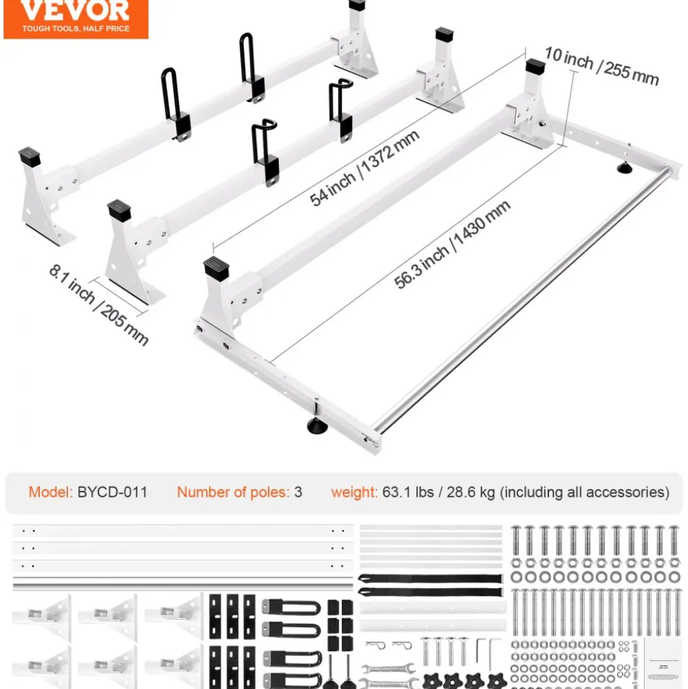 VEVOR Trailer Ladder Rack, 54" 3 Crossbars Ladder Roof Rack, Heavy-duty Steel Van Roof Rack, 800 lbs Capacity Van Ladder Rack with Cargo Roller and Straps, Fit for Ford Transit 150 250 350, 2015-2022