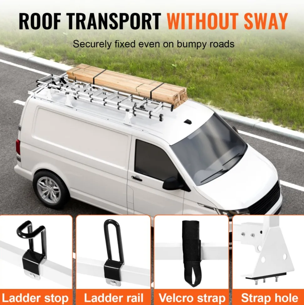 VEVOR Trailer Ladder Rack, 54" 3 Crossbars Ladder Roof Rack, Heavy-duty Steel Van Roof Rack, 800 lbs Capacity Van Ladder Rack with Cargo Roller and Straps, Fit for Ford Transit 150 250 350, 2015-2022