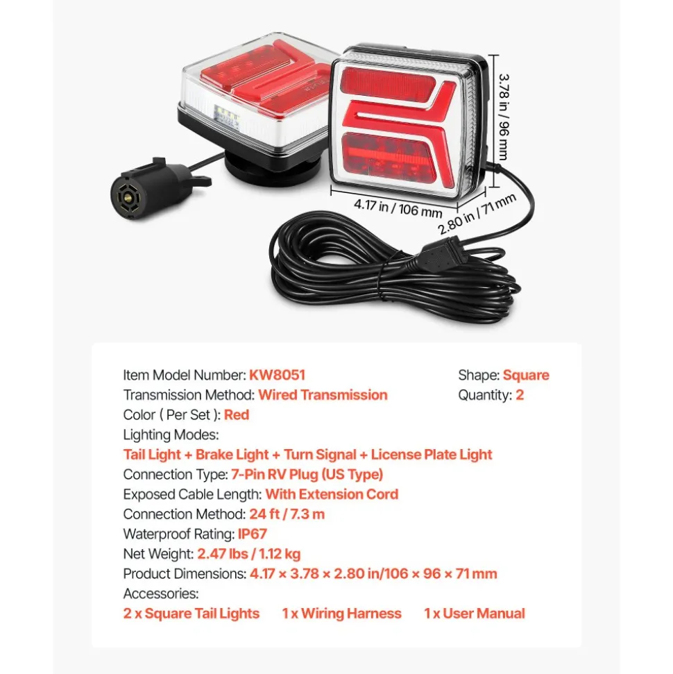 VEVOR Trailer Lights, 2PCS 12V Square Magnetic LED Trailer Tail Lights Kit with Stop Brake Turn Tail License Lamp, Waterproof Tow Lighting Kit with Wiring Harness for Boat Truck Camper RV Snowmobile