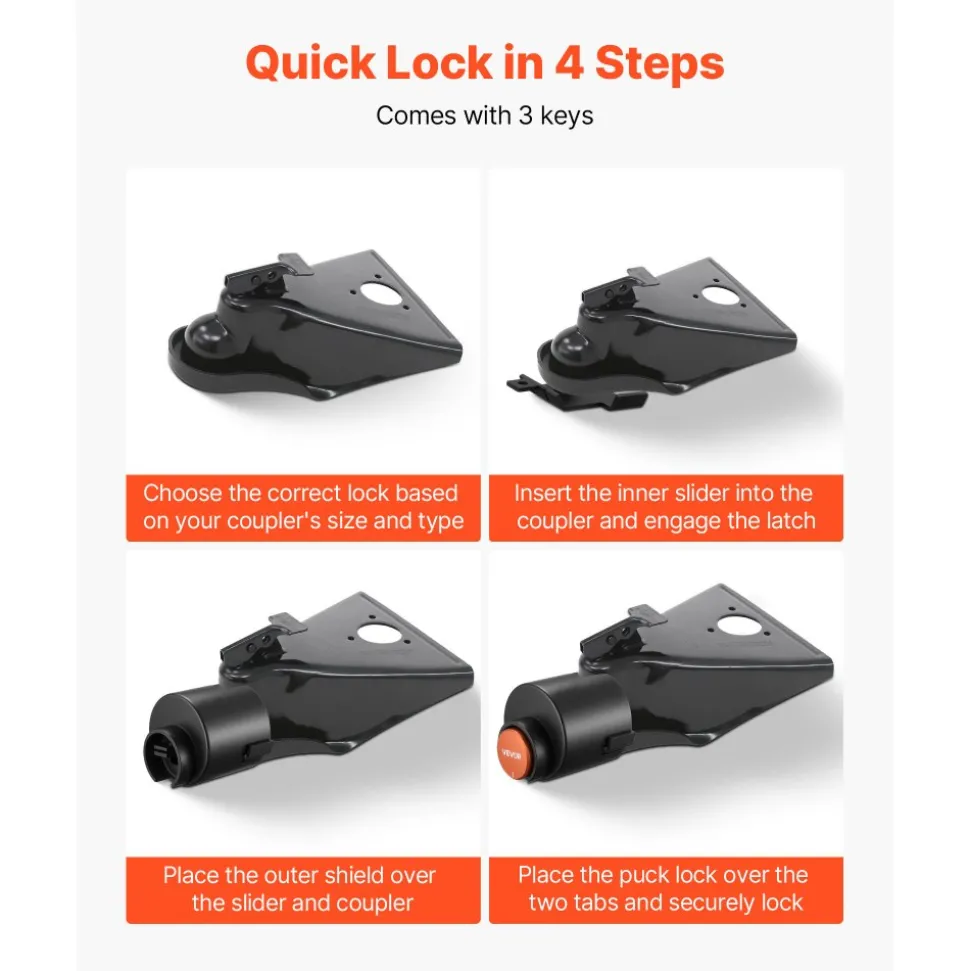 VEVOR Trailer Lock, Fits 2-5/16-Inch Airstream Couplers, Heavy Duty Hitch Lock with 3 Keys Secures Security Chains, Rust-resistant, Anti-Theft Trailer Tongue Locks for RV, Trailer, and Boat