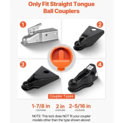 VEVOR Trailer Lock, Fits 1-7/8, 2 & 2-5/16-Inch Straight Tongue Ball Couplers, Heavy Duty Hitch Lock with 4 Keys Secures Security Chains, Anti-Theft RV Trailer Locks for RV, Trailer, Boat