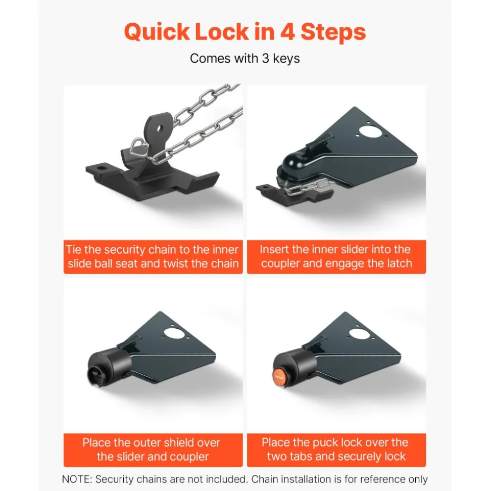 VEVOR Trailer Lock, Fits 2 & 2-5/16-Inch Straight Tongue Ball Couplers, Heavy Duty Hitch Lock with 3 Keys Secures Security Chains, Anti-Theft RV Trailer Tongue Locks for RV, Trailer, Boat