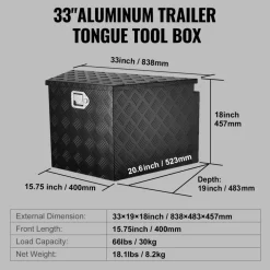 VEVOR Trailer Tongue Box, Aluminum Alloy Diamond Plate Tongue Box Tool Chest, Heavy Duty Trailer Box Storage with Lock and Keys, Utility Trailer Tongue Box for Pickup Truck, RV, Trailer, 33