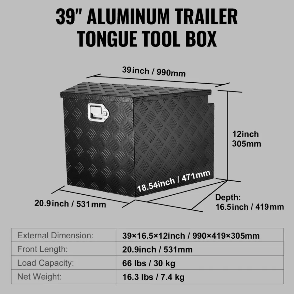 VEVOR Trailer Tongue Box, Aluminum Alloy Diamond Plate Tongue Box Tool Chest, Heavy Duty Trailer Box Storage with Lock and Keys, Utility Trailer Tongue Box for Pickup Truck, RV, Trailer, 39"x16.5"x12"