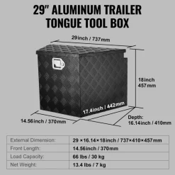 VEVOR Trailer Tongue Box, Aluminum Alloy Diamond Plate Tongue Box Tool Chest, Heavy Duty Trailer Box Storage with Lock and Keys, Utility Trailer Tongue Box for Pickup Truck, RV, Trailer, 29