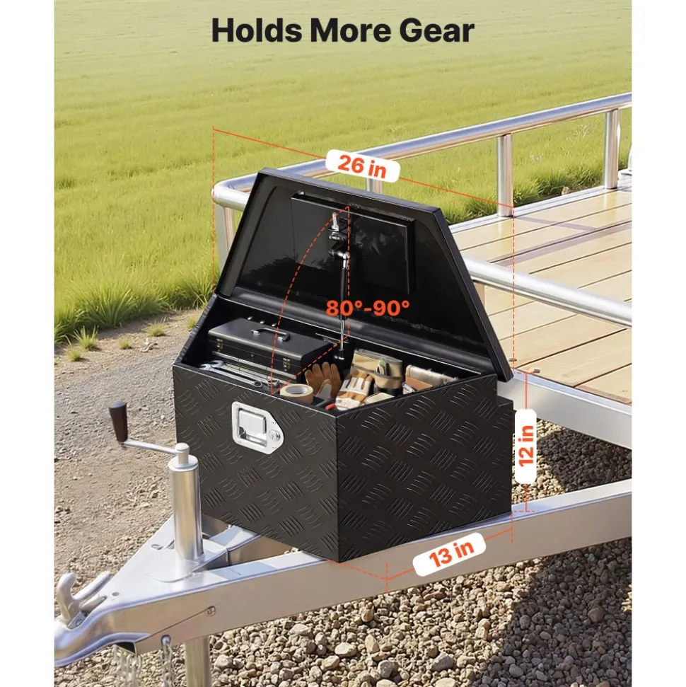 VEVOR Trailer Tongue Box, 26" x 13" x 12" Aluminum Trailer Tongue Tool Box, Heavy Duty Storage Organizer with Lock and Keys, Utility Tool Chest for Pickup Truck Bed, RV, SUV, Off-Road Vehicle, Black