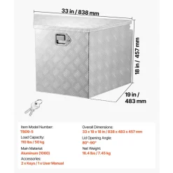VEVOR Trailer Tongue Box, 33" x 19" x 18" Aluminum Trailer Tongue Tool Box, Heavy Duty Storage Organizer with Lock and Keys, Utility Tool Chest for Pickup Truck Bed, RV, SUV, Off-Road Vehicle, Silver