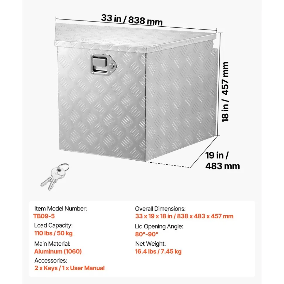 VEVOR Trailer Tongue Box, 33" x 19" x 18" Aluminum Trailer Tongue Tool Box, Heavy Duty Storage Organizer with Lock and Keys, Utility Tool Chest for Pickup Truck Bed, RV, SUV, Off-Road Vehicle, Silver
