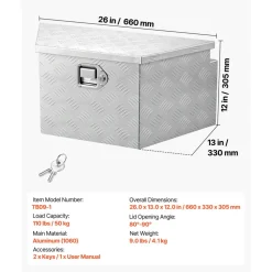 VEVOR Trailer Tongue Box, 26" x 13" x 12" Aluminum Trailer Tongue Tool Box, Heavy Duty Storage Organizer with Lock and Keys, Utility Tool Chest for Pickup Truck Bed, RV, SUV, Off-Road Vehicle, Silver