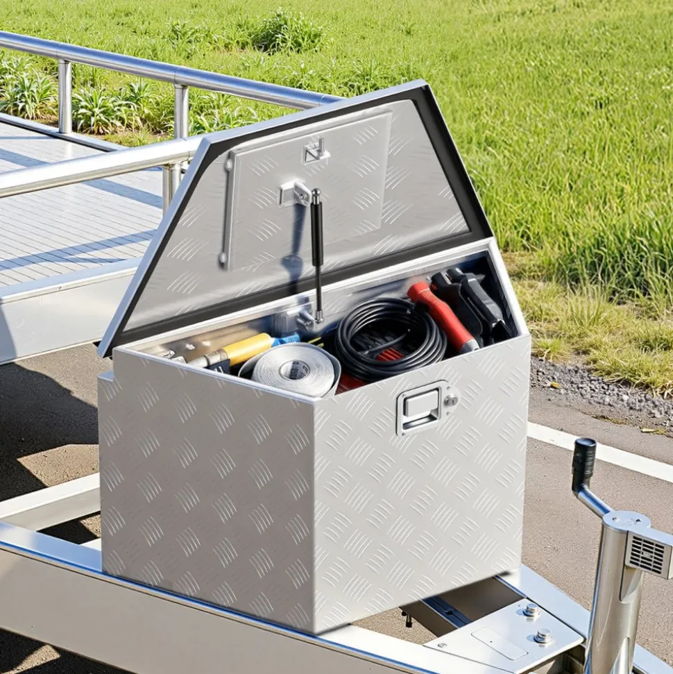 VEVOR Trailer Tongue Box, 29" x 16.1" x 18" Aluminum Trailer Tongue Tool Box, Heavy Duty Storage Organizer with Lock & Keys, Utility Tool Chest for Pickup Truck Bed, RV, SUV, Off-Road Vehicle, Silver
