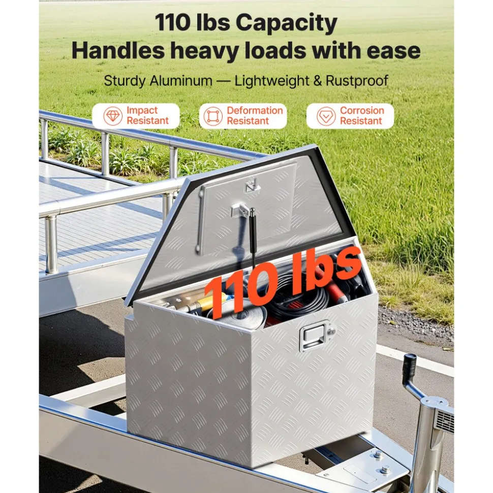 VEVOR Trailer Tongue Box, 29" x 16.1" x 18" Aluminum Trailer Tongue Tool Box, Heavy Duty Storage Organizer with Lock & Keys, Utility Tool Chest for Pickup Truck Bed, RV, SUV, Off-Road Vehicle, Silver
