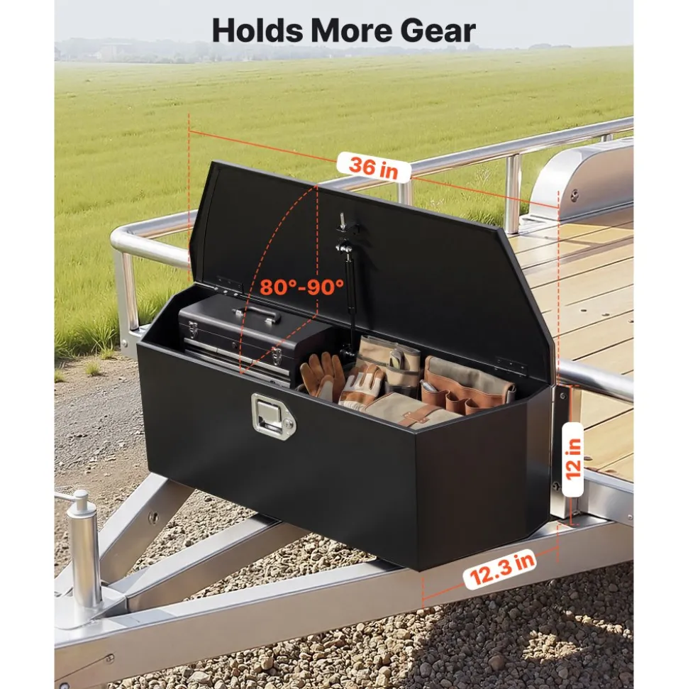 VEVOR Trailer Tongue Box, 36" x 12.3" x 12" Steel Trailer Tongue Tool Box, Heavy Duty Storage Organizer with Lock and Keys, Utility Tool Chest for Pickup Truck Bed, RV, SUV, Off-Road Vehicle, Black