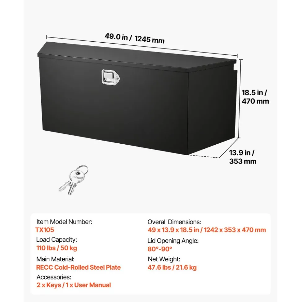 VEVOR Trailer Tongue Box, 49" x 13.9" x 18.5" Steel Trailer Tongue Tool Box, Heavy Duty Storage Organizer with Lock and Keys, Utility Tool Chest for Pickup Truck Bed, RV, SUV, Off-Road Vehicle, Black