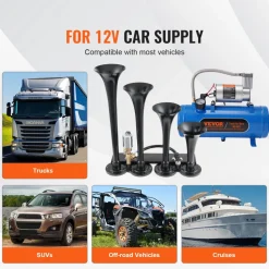 VEVOR Train Horns Kit, 4 Trumpet Air Horn Kit, 150dB Train Horns for Pickup Trucks, 12V 120 psi Air Compressor 1.6 Gal/6 L Tank with Gauge for Any 12V Vehicle Car Truck Train Van Boat