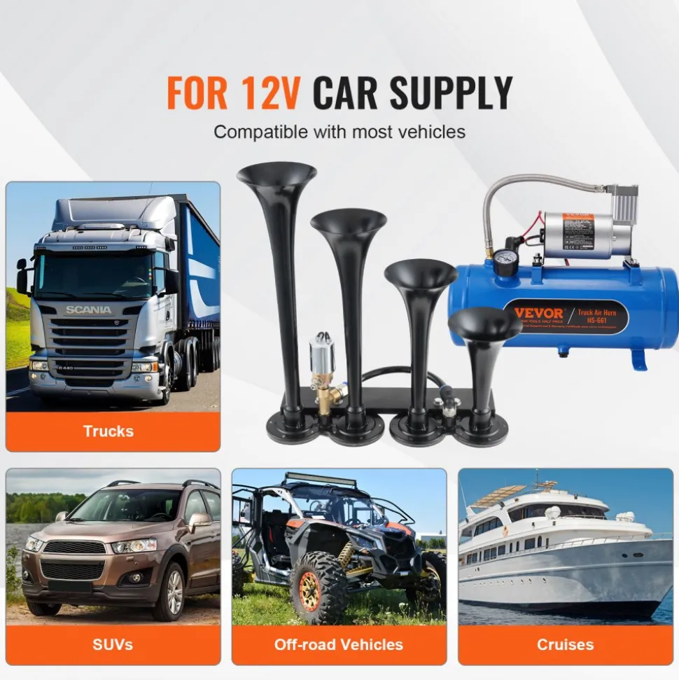 VEVOR Train Horns Kit, 4 Trumpet Air Horn Kit, 150dB Train Horns for Pickup Trucks, 12V 120 psi Air Compressor 1.6 Gal/6 L Tank with Gauge for Any 12V Vehicle Car Truck Train Van Boat