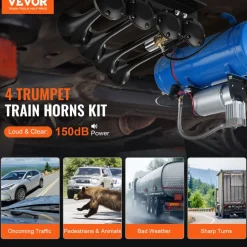 VEVOR Train Horns Kit, 4 Trumpet Air Horn Kit, 150dB Train Horns for Pickup Trucks, 12V 120 psi Air Compressor 1.6 Gal/6 L Tank with Gauge for Any 12V Vehicle Car Truck Train Van Boat