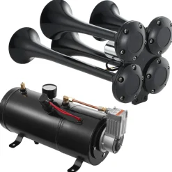 VEVOR Train Horns Kit, 4 Trumpet Air Horn Kit, 150dB Train Horns for Pickup Trucks, 12V 120 psi Air Compressor 0.8 Gal/3 L Tank with Gauge for Any 12V Vehicle Car Truck Train Van Boat