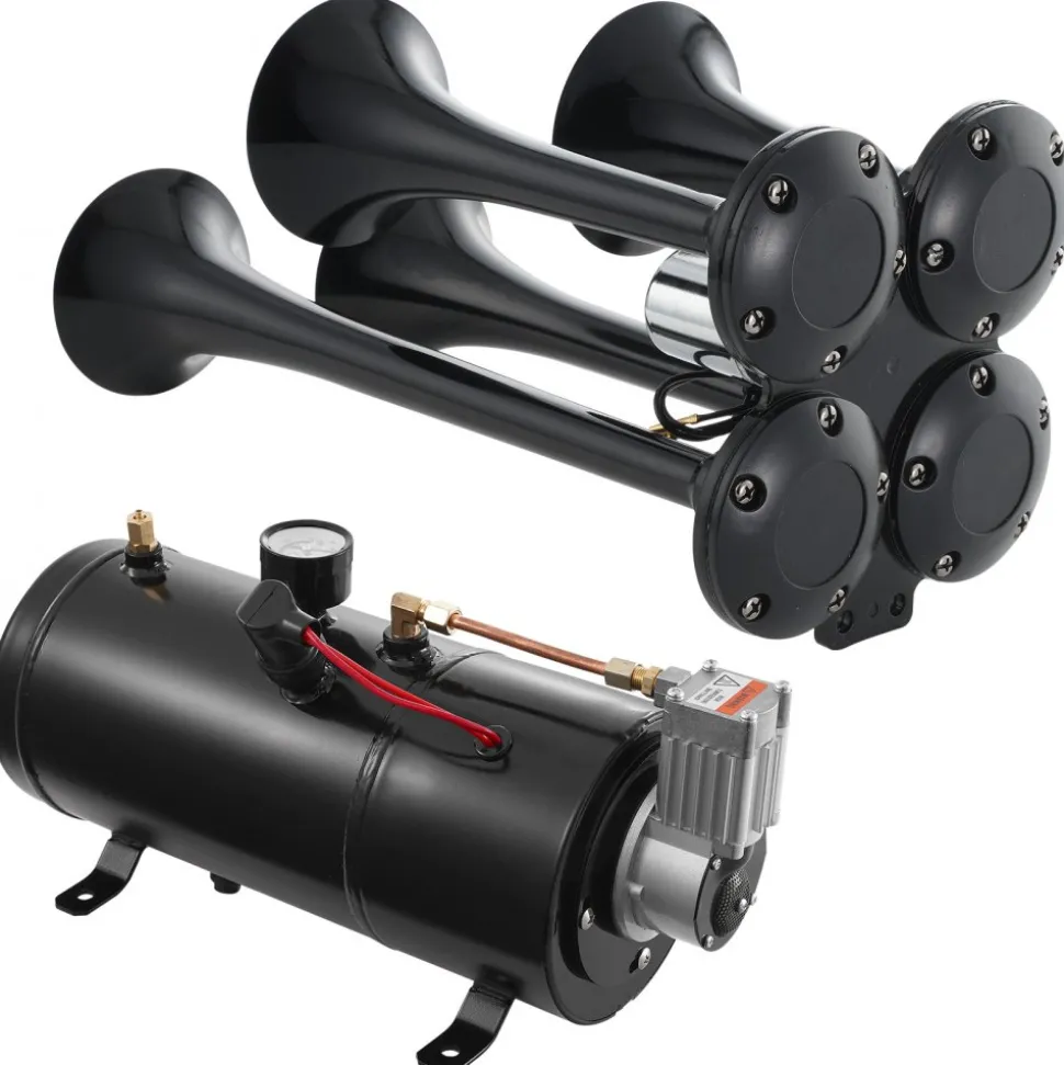 VEVOR Train Horns Kit, 4 Trumpet Air Horn Kit, 150dB Train Horns for Pickup Trucks, 12V 120 psi Air Compressor 0.8 Gal/3 L Tank with Gauge for Any 12V Vehicle Car Truck Train Van Boat