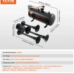 VEVOR Train Horns Kit, 4 Trumpet Air Horn Kit, 150dB Train Horns for Pickup Trucks, 12V 120 psi Air Compressor 0.8 Gal/3 L Tank with Gauge for Any 12V Vehicle Car Truck Train Van Boat