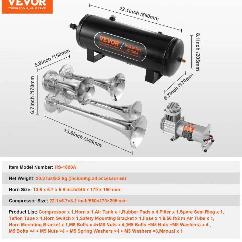 VEVOR Train Horns Kit, 4 Trumpet Air Horn Kit, 150dB Train Horns for Pickup Trucks, 12V 160 psi Air Compressor 2.6 Gal/10 L Tank with Gauge for Any 12V Vehicle Car Truck Train Van Boat