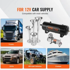 VEVOR Train Horns Kit, 4 Trumpet Air Horn Kit, 150dB Train Horns for Pickup Trucks, 12V 160 psi Air Compressor 2.6 Gal/10 L Tank with Gauge for Any 12V Vehicle Car Truck Train Van Boat