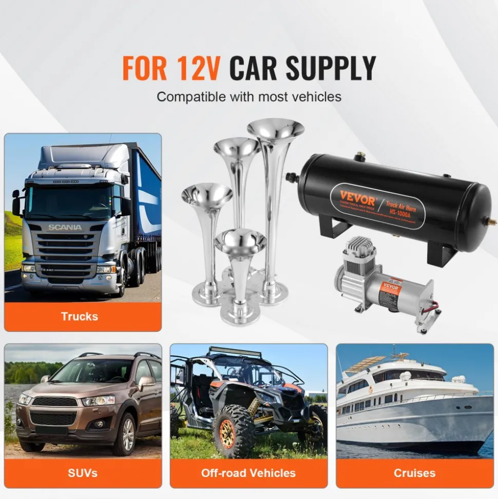 VEVOR Train Horns Kit, 4 Trumpet Air Horn Kit, 150dB Train Horns for Pickup Trucks, 12V 160 psi Air Compressor 2.6 Gal/10 L Tank with Gauge for Any 12V Vehicle Car Truck Train Van Boat