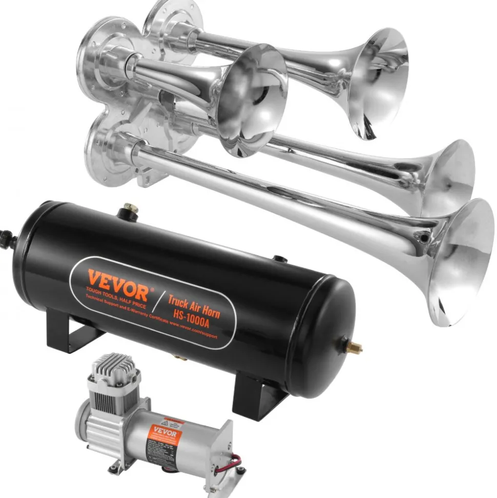 VEVOR Train Horns Kit, 4 Trumpet Air Horn Kit, 150dB Train Horns for Pickup Trucks, 12V 160 psi Air Compressor 2.6 Gal/10 L Tank with Gauge for Any 12V Vehicle Car Truck Train Van Boat