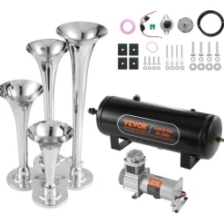 VEVOR Train Horns Kit, 4 Trumpet Air Horn Kit, 150dB Train Horns for Pickup Trucks, 12V 160 psi Air Compressor 2.6 Gal/10 L Tank with Gauge for Any 12V Vehicle Car Truck Train Van Boat